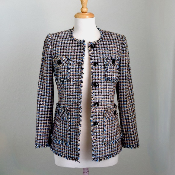 Rebecca Taylor HOUNDSTOOTH TWEED Blue/Black Tweed Blazer/Jacket NWT Sz 0 - Picture 4 of 15